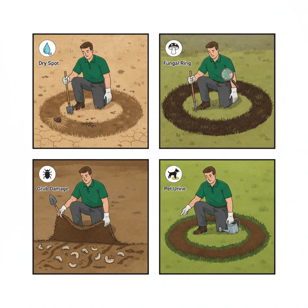 Diagnostic illustration showing four causes of lawn brown spots: dry spots, fungus, grubs, and pet damage.
