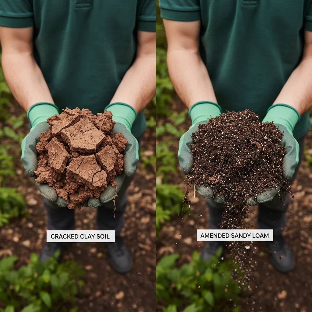 Side-by-side soil comparison: a hand holding cracked clay soil on the left, amended sandy loam on the right, both labeled, editorial top-down style.
