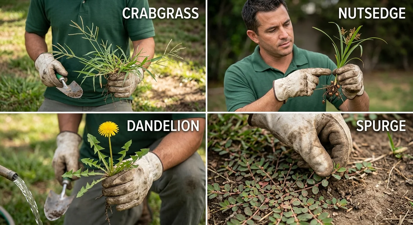 A collage of 4 common San Diego lawn weeds (crabgrass, nutsedge, dandelion, spurge)