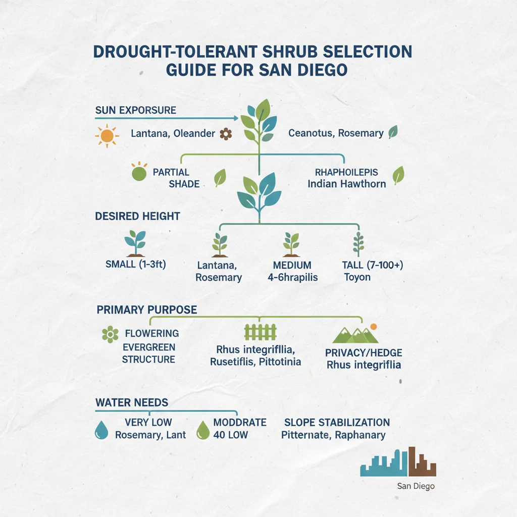 Infographic showing a guide to selecting drought-tolerant shrubs for San Diego based on sun, height, purpose, and water needs.