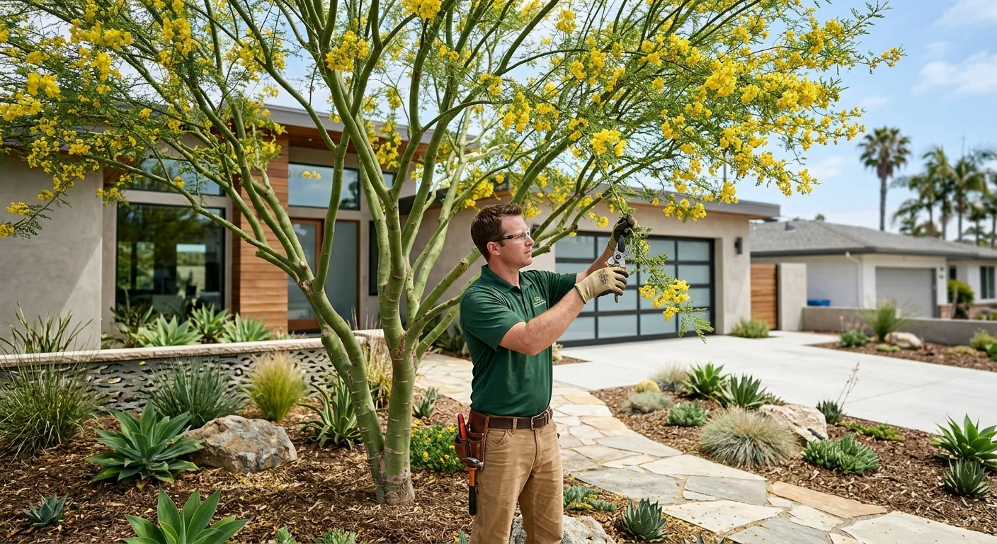 A beautiful, mature Palo Verde tree with its distinctive green trunk and yellow flowers, thriving in a modern San Diego front yard.