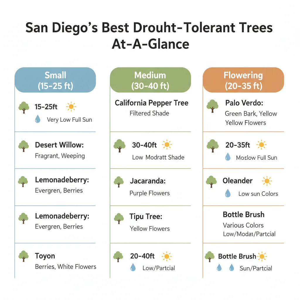 Infographic comparing key facts for small, medium, and flowering drought-tolerant trees suitable for San Diego, showing size, water needs, and sun.