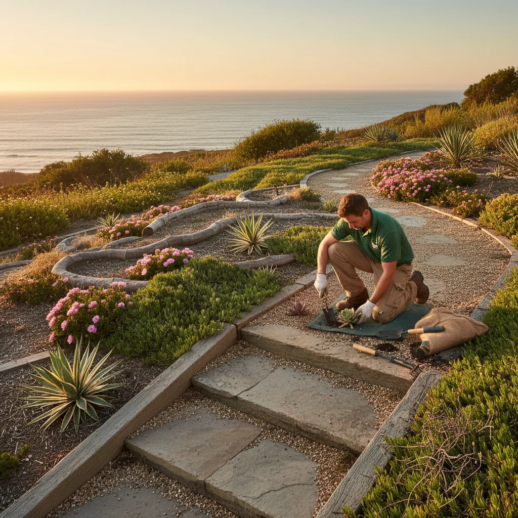 A beautiful Encinitas bluff-top yard with coastal-tolerant plants like agave and rockrose, with the ocean in the background at sunset.