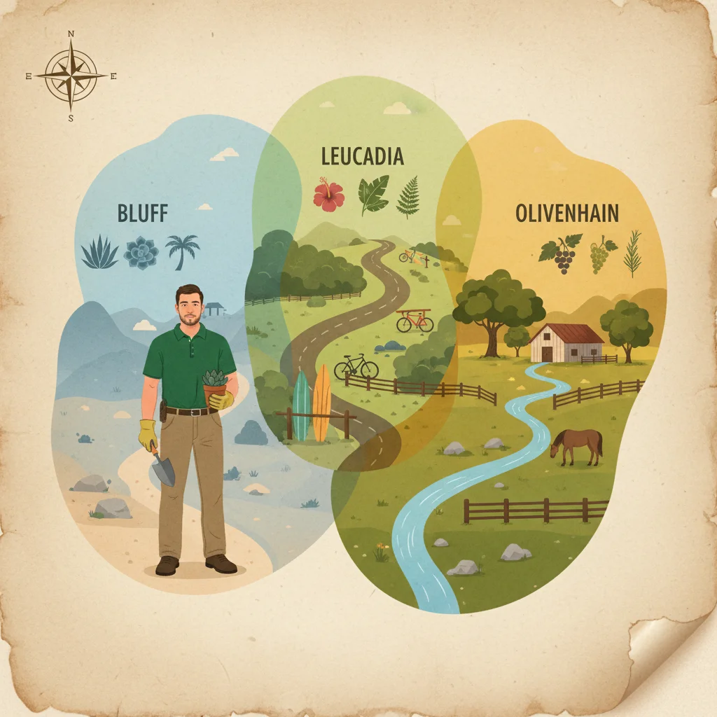 An illustrated map of Encinitas showing the distinct microclimate zones of the bluff, Leucadia, and Olivenhain.