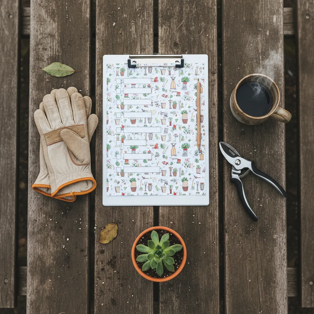 Top-down checklist illustration on a wooden table with garden gloves, hand prune