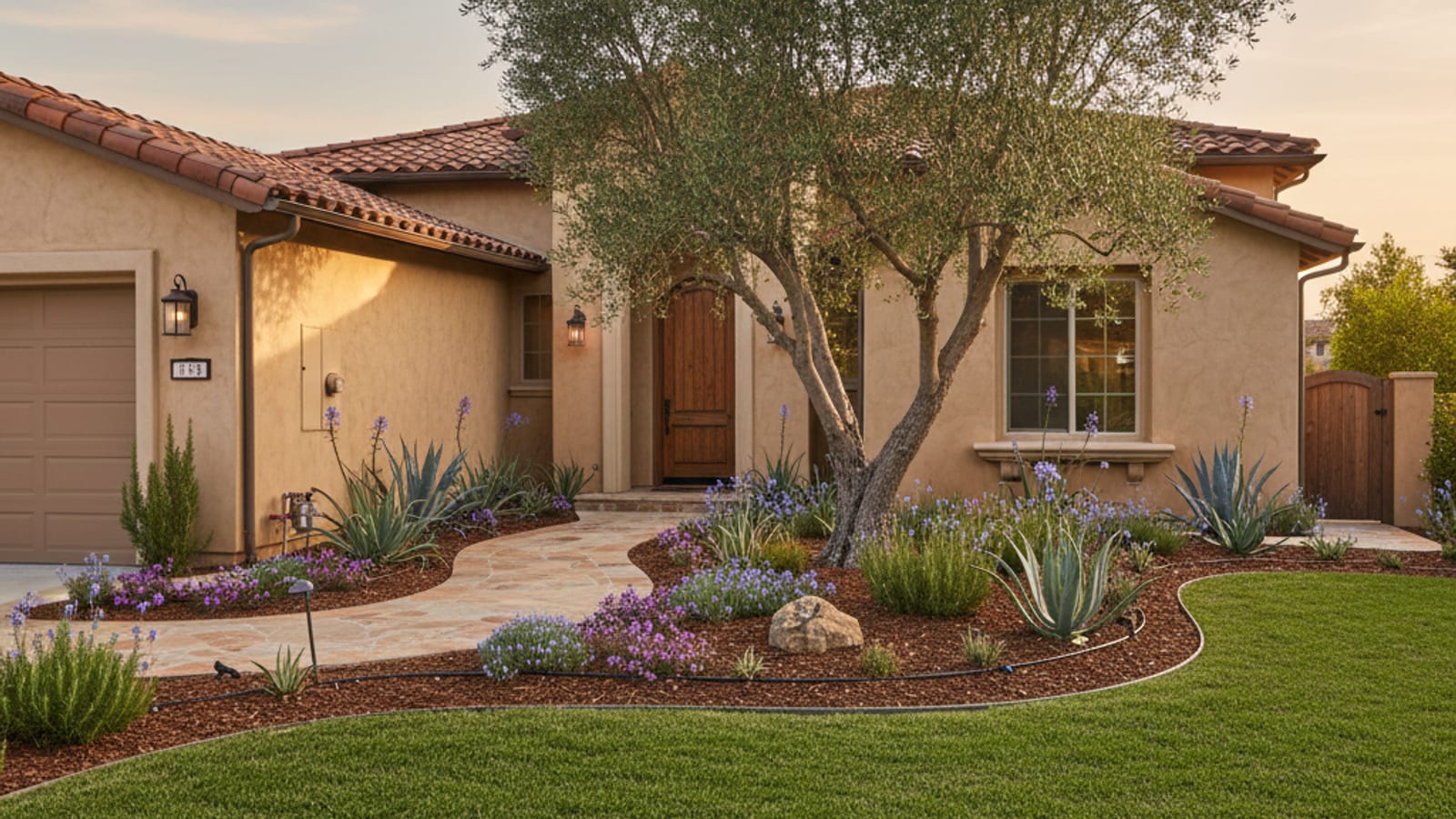 A well-landscaped San Diego front yard with mature tree, manicured lawn, drought-tolerant beds, and clean walkway hardscape in afternoon light
