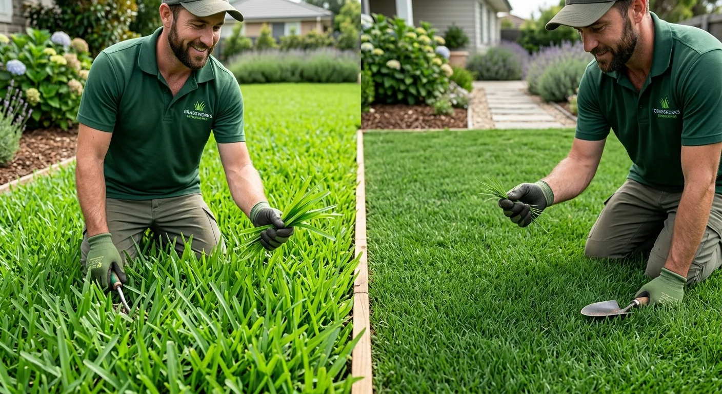 A split-screen photo showing a lush, bright green Kikuyu lawn on the left and a dense, fine-bladed Bermuda grass lawn on the right.
