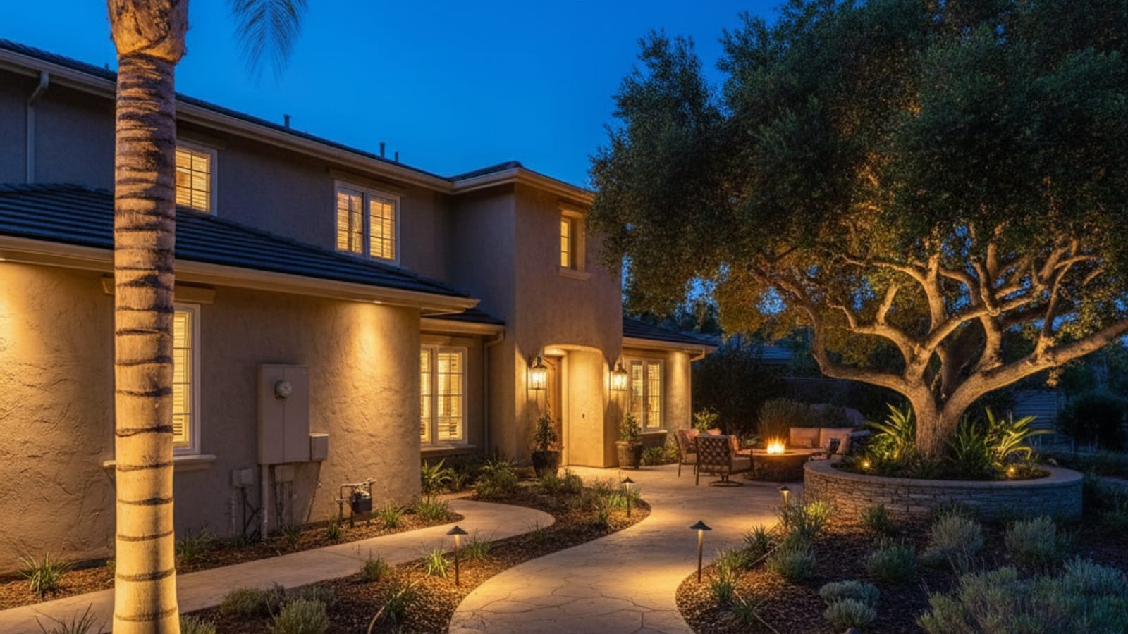 Warm landscape lighting on a mature palm tree, path lights along a walkway, and uplit architectural features at a San Diego home at dusk