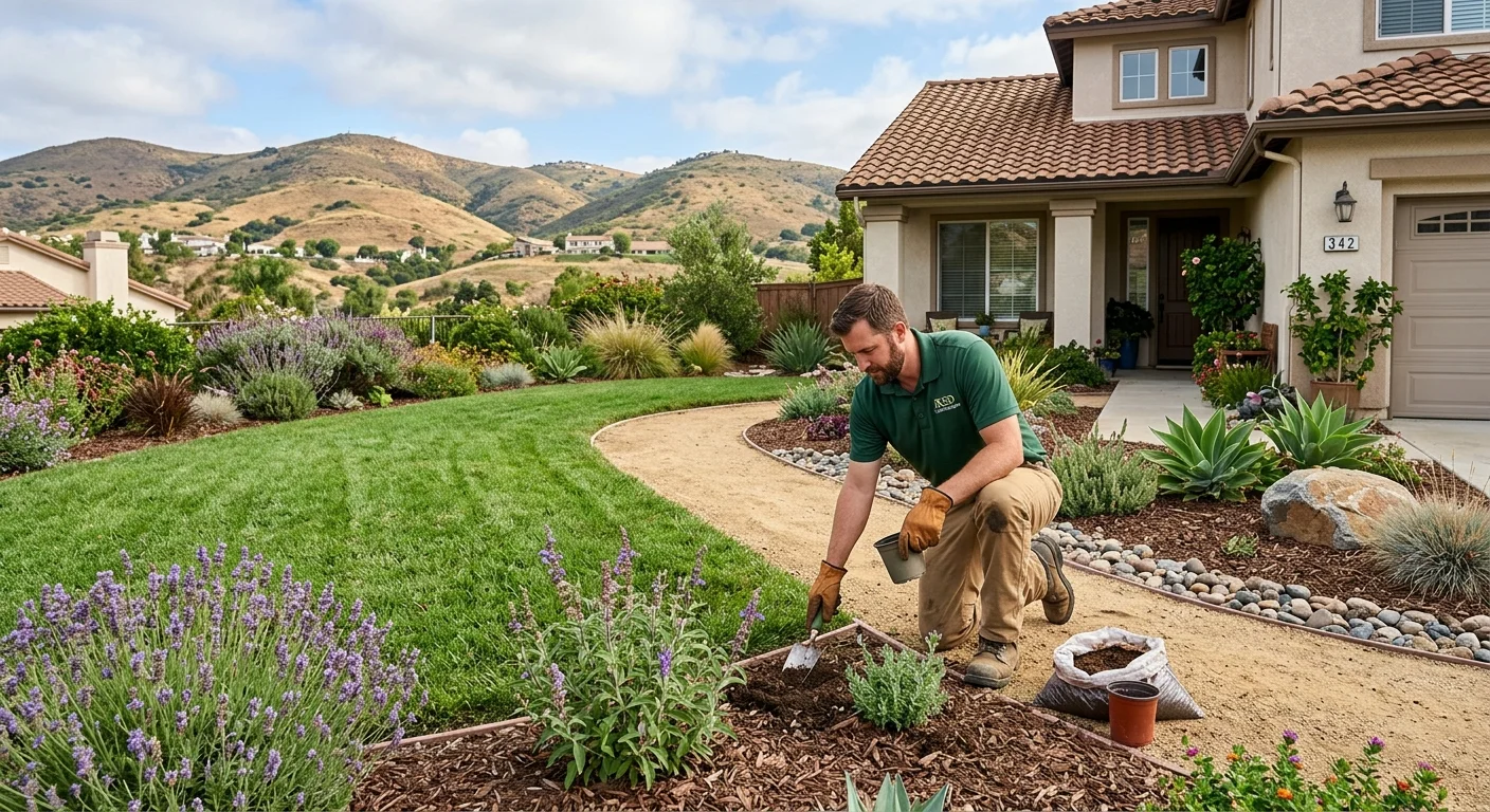 A beautiful and well-maintained front yard in a Rancho San Diego neighborhood, featuring a mix of green lawn and drought-tolerant plants, with hills in the background.
