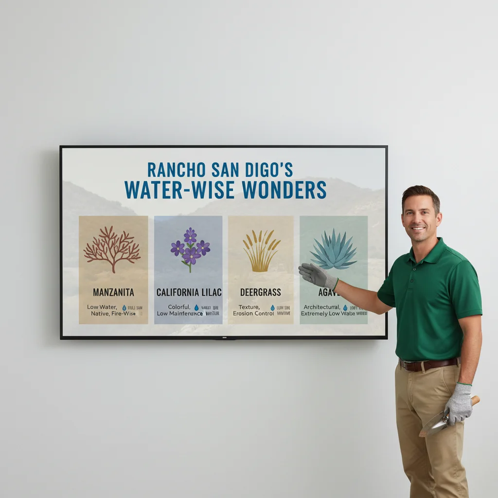 Infographic displaying a selection of drought-tolerant plants ideal for Rancho San Diego's climate, with notes on their water needs and sun exposure.