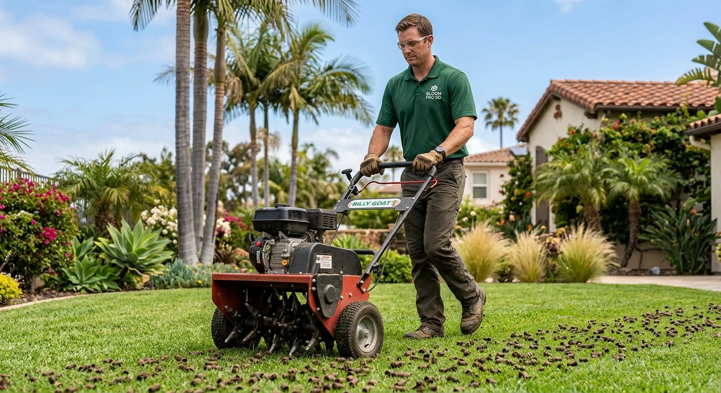 A landscaper in a Bloom Pro SD shirt operating a core aerator machine on a sunny