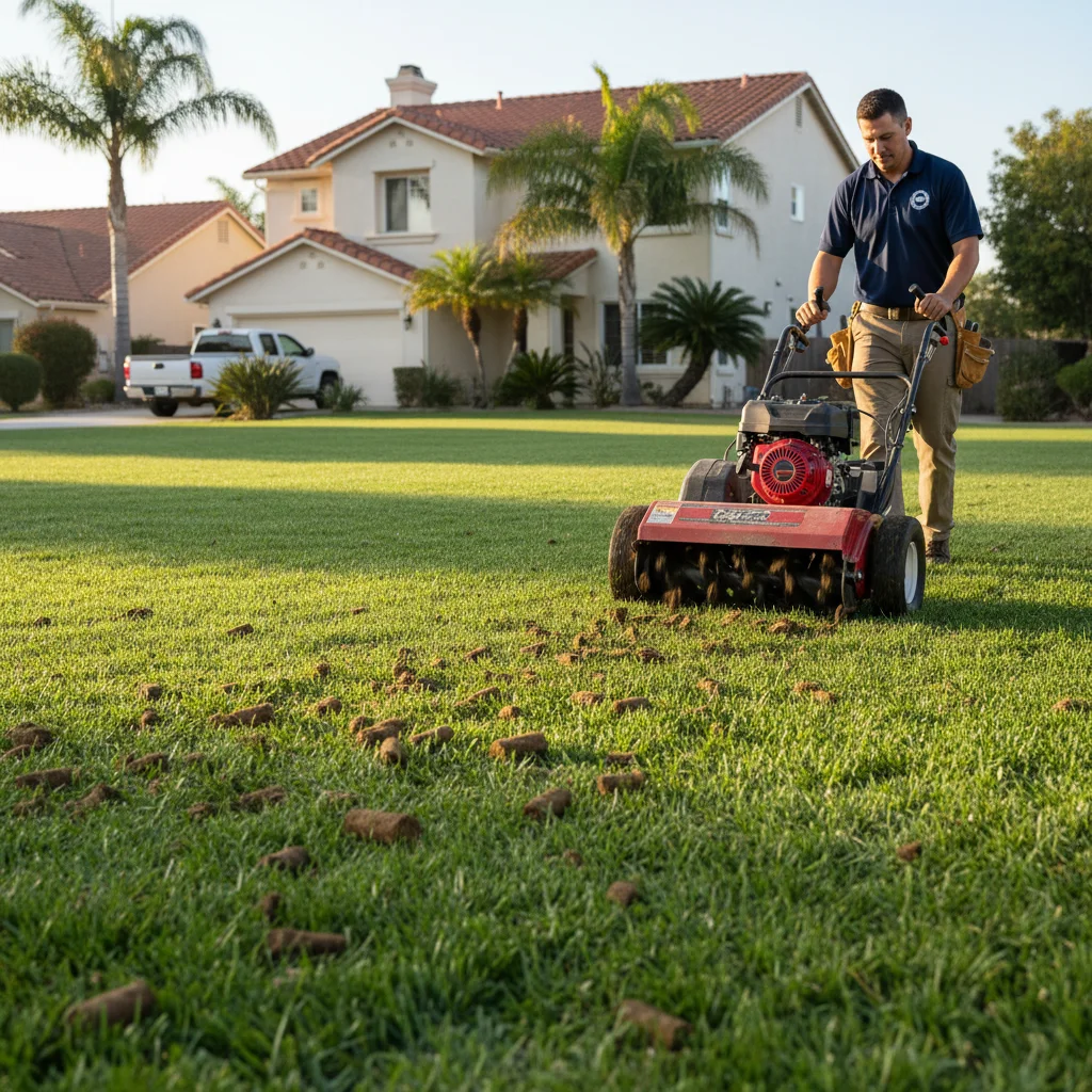 Core aerator machine pulling plugs from a healthy green San Diego fescue lawn in morning light