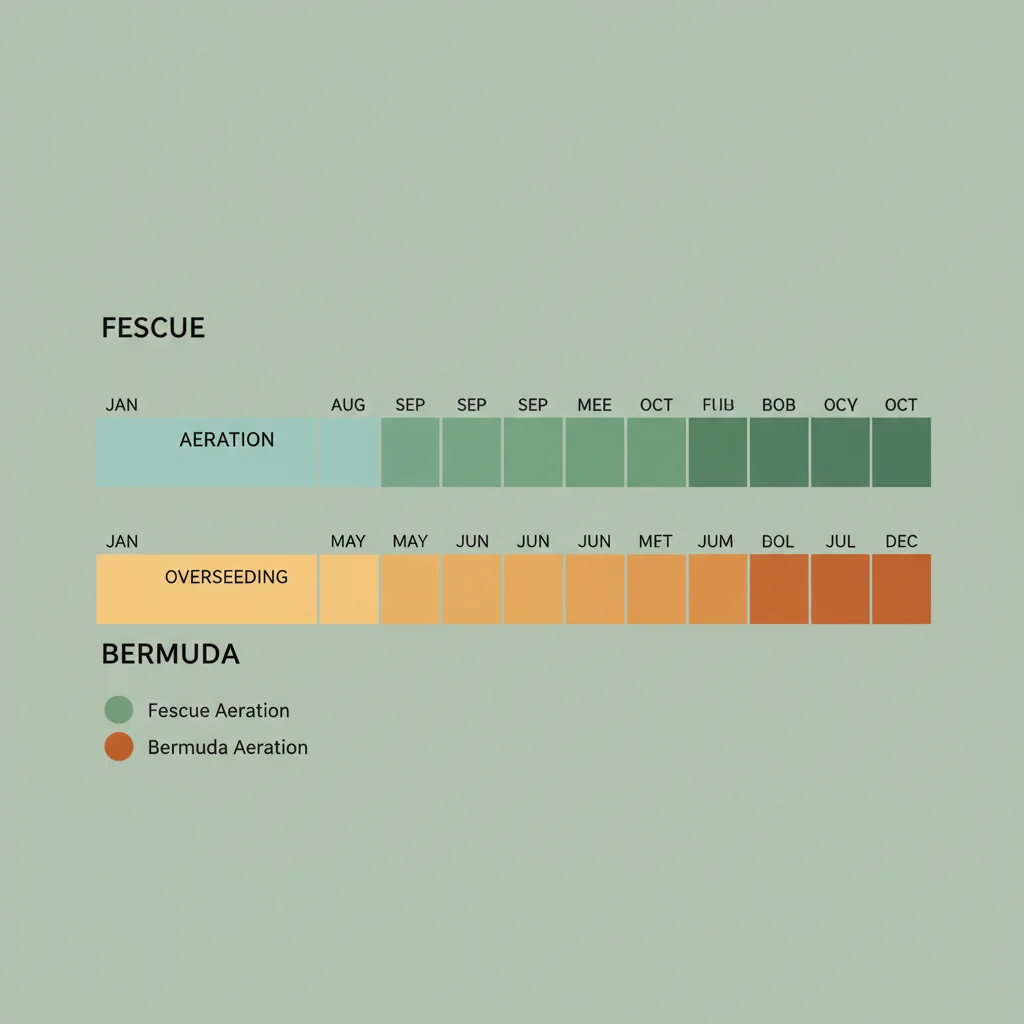 Calendar infographic showing aeration and overseeding windows for fescue vs berm