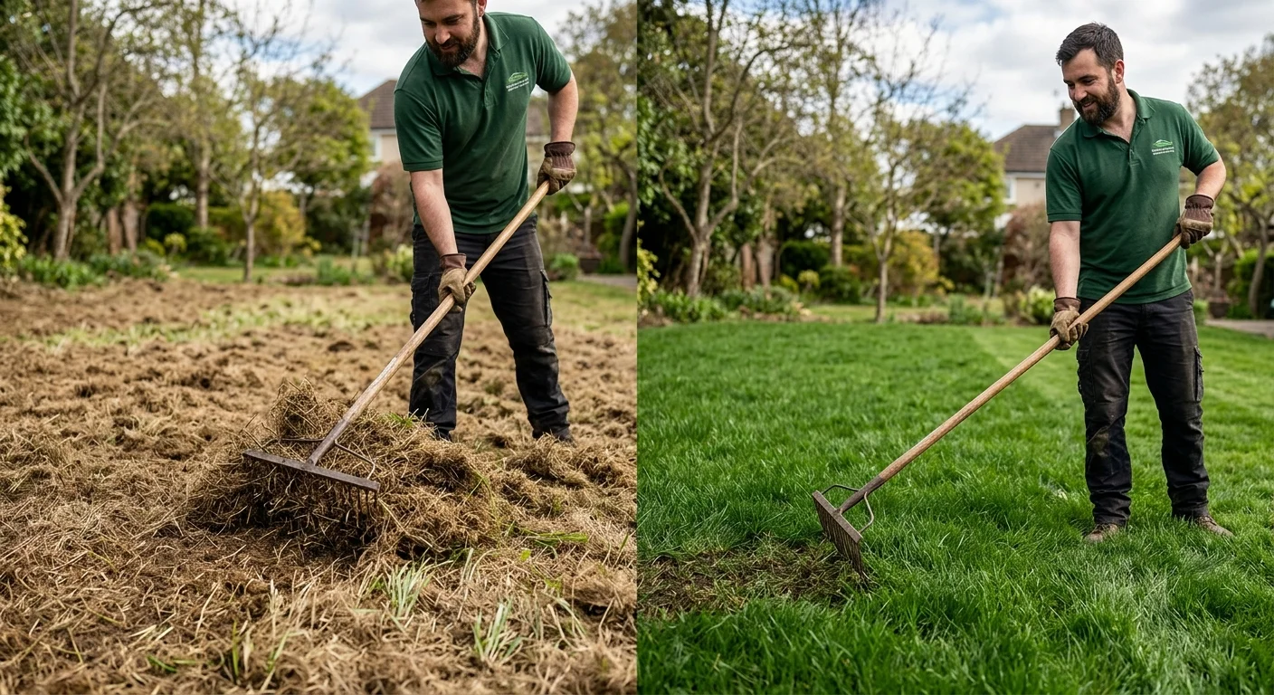 A side-by-side comparison of a lawn with thick brown thatch on the left, and a healthy, vibrant green lawn after dethatching on the right.