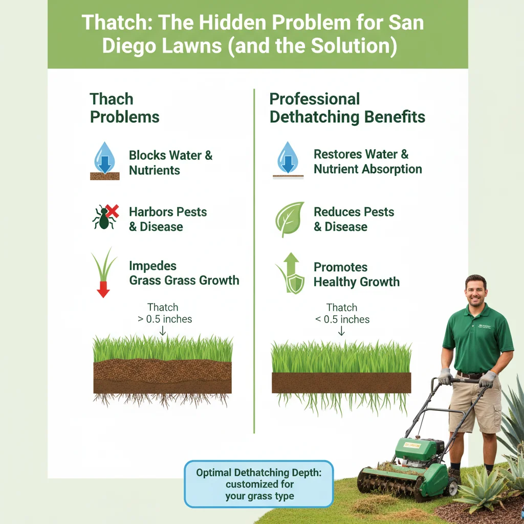 Infographic detailing the impact of thatch on San Diego lawns, optimal dethatching depth, and benefits of professional thatch removal versus DIY risks.