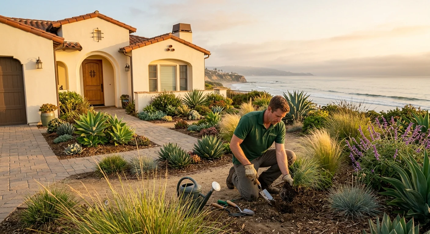 An Oceanside front yard at golden hour with low drought-tolerant plantings, ornamental grasses, and a Spanish-style stucco home, with soft marine-layer haze.