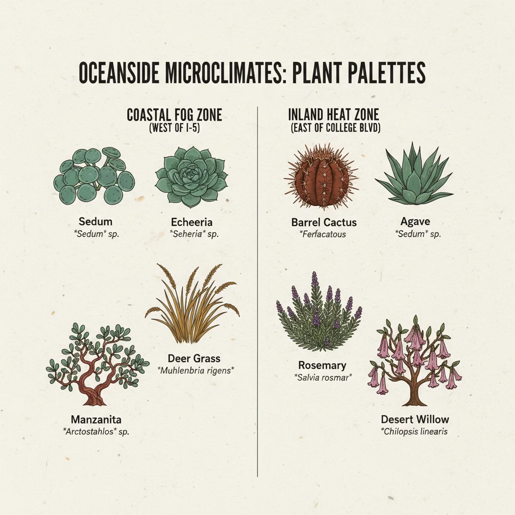 Infographic comparing drought-tolerant plant palettes for Oceanside's coastal fog and inland heat microclimates, showing examples for each.