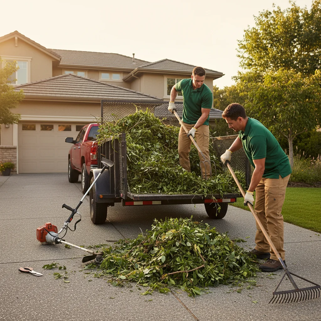 Two-person landscape crew loading green waste into a trailer, weed whackers and rakes visible