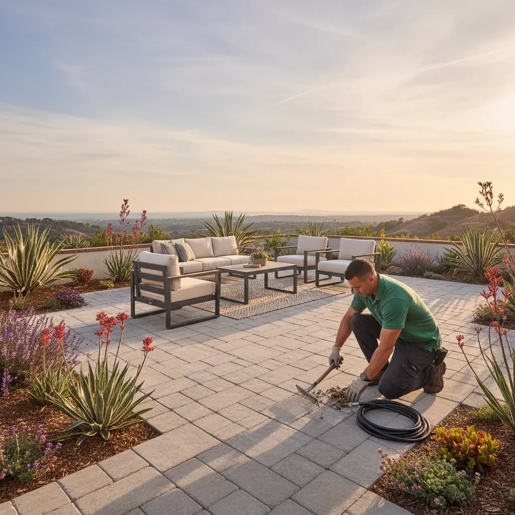 A finished concrete paver patio in a San Diego backyard with outdoor furniture, drought-tolerant plantings around the border, late afternoon golden light, no people.