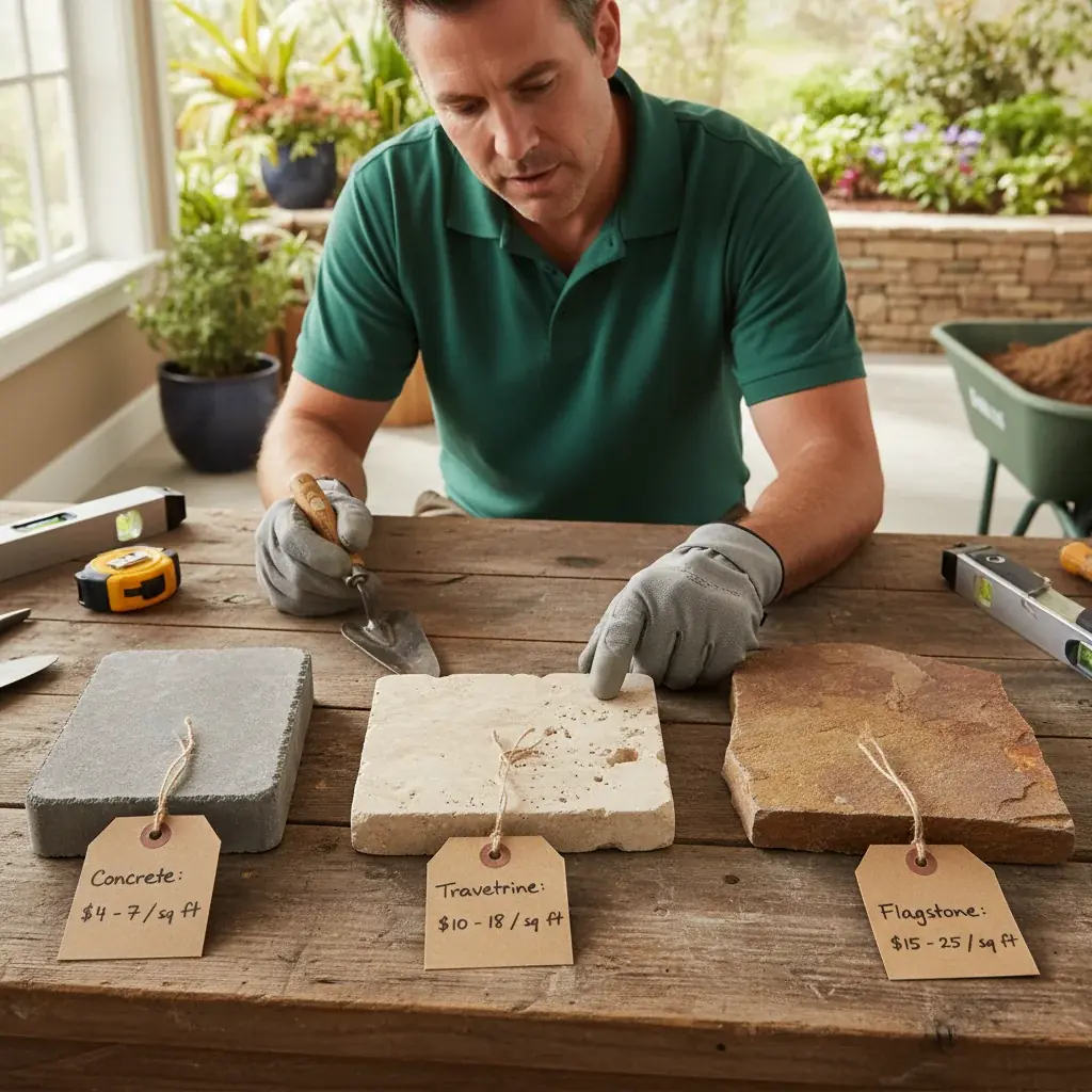 Three paver samples laid out on a workbench, concrete, travertine, natural flagstone, with handwritten price tags showing per-square-foot ranges, editorial product-comparison style.
