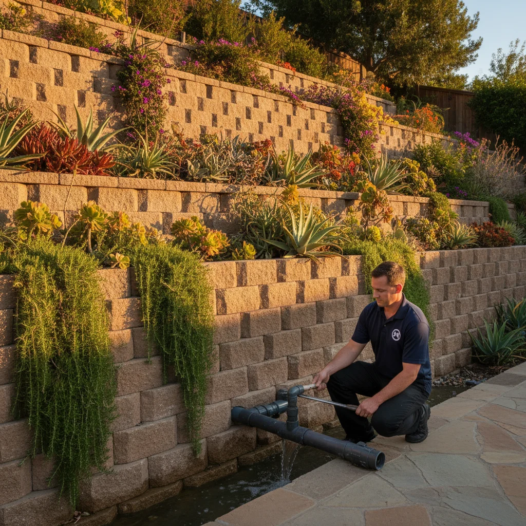 Tiered segmental block retaining wall on a San Diego hillside backyard with drought-tolerant plantings