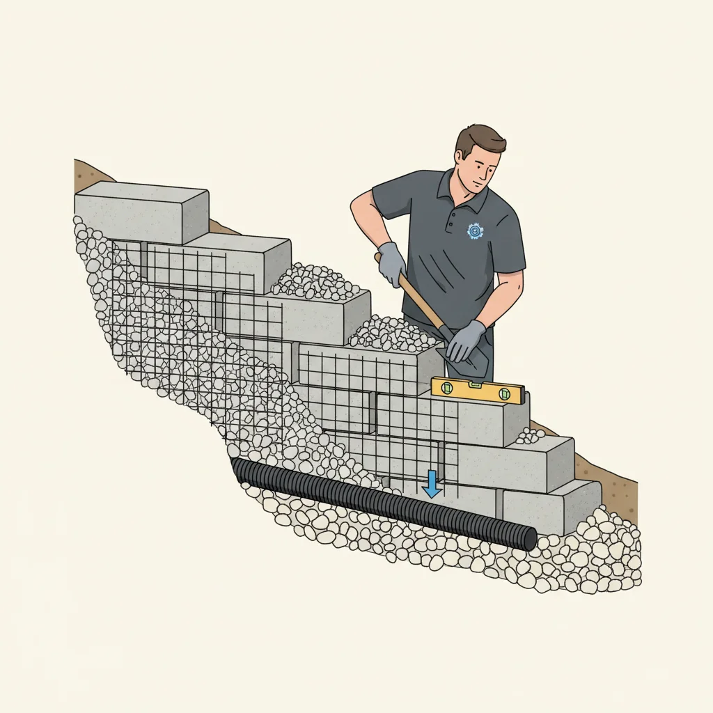 Cross-section diagram illustration of a retaining wall showing geogrid layers, gravel backfill, and drainage pipe, clean infographic style