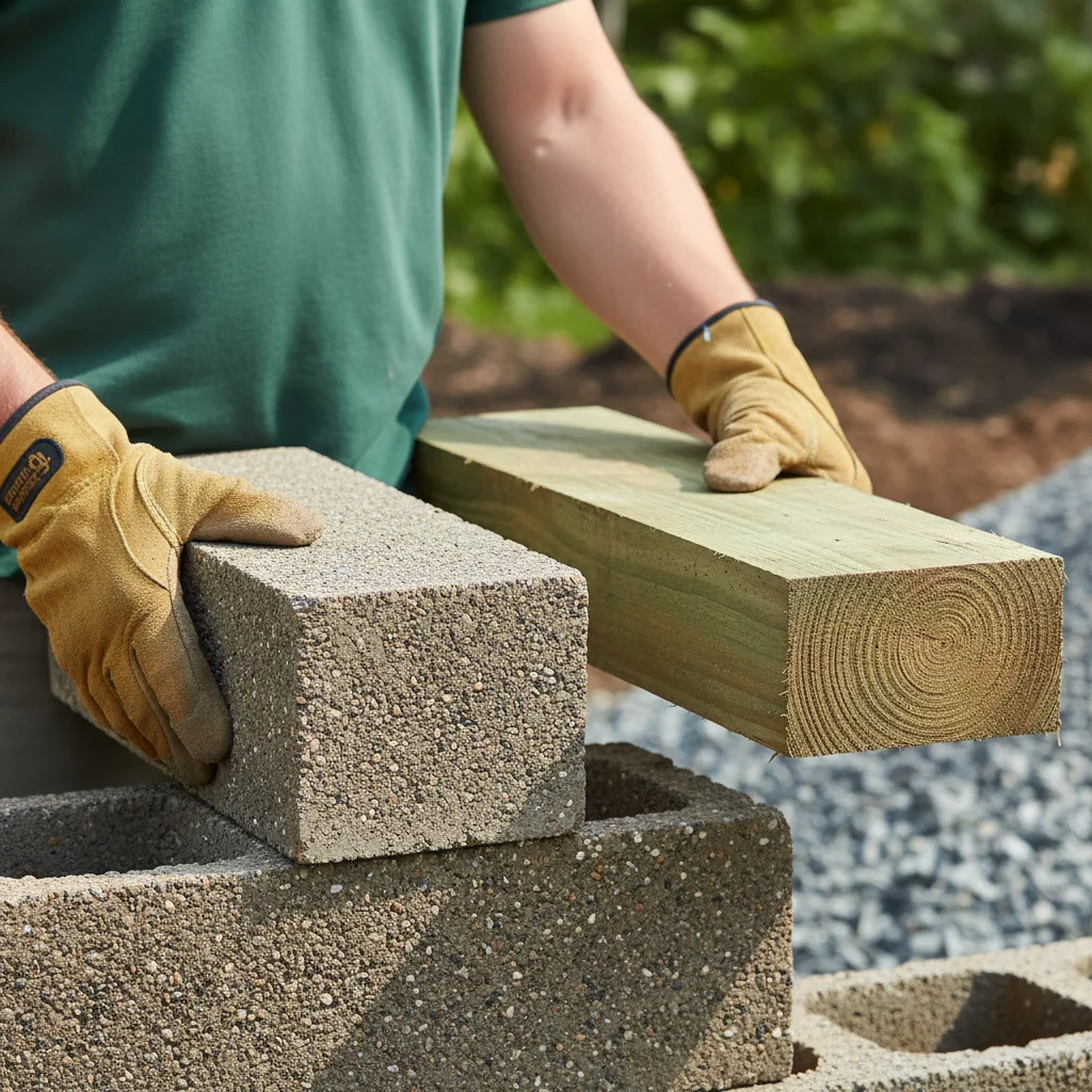 A landscaper holds a concrete retaining wall block next to a pressure-treated wood timber