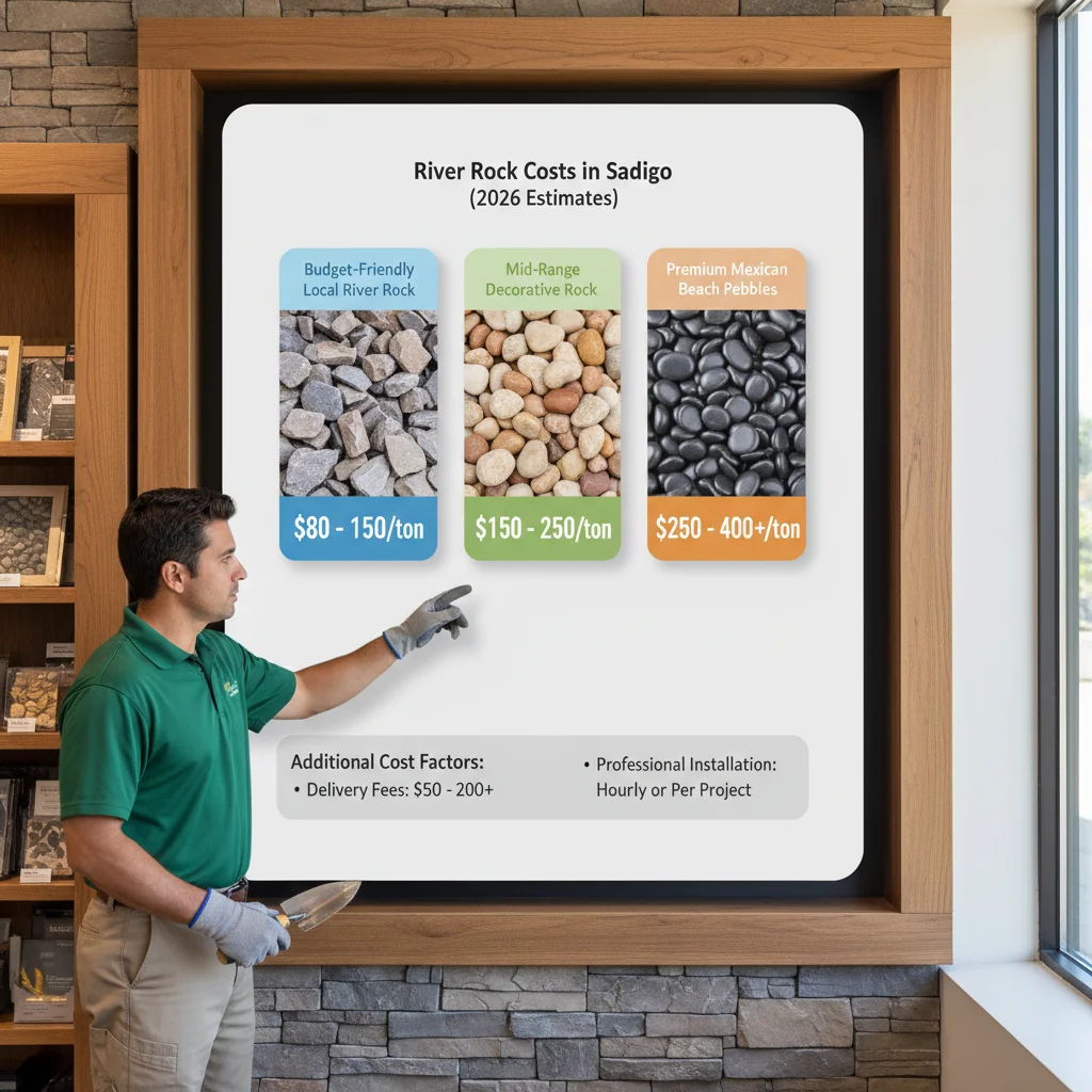 Infographic detailing estimated costs per ton for various river rock types in San Diego, including additional project cost factors like delivery and installation.