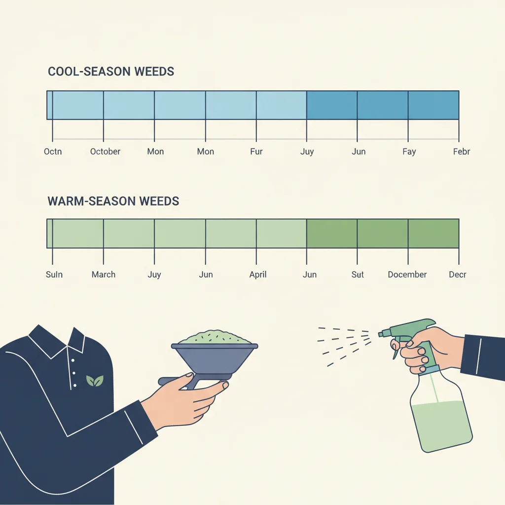 Calendar infographic showing San Diego pre-emergent application windows for cool