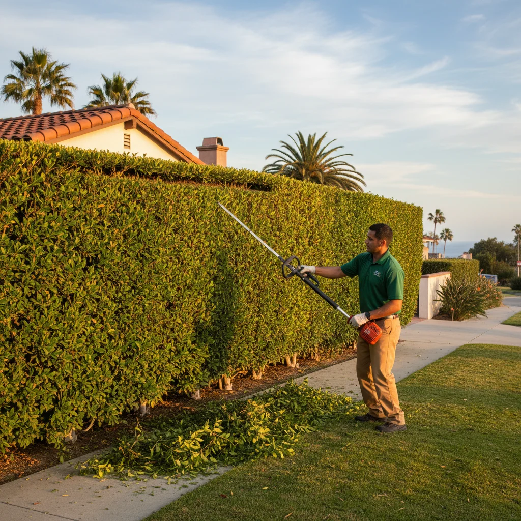 A landscaper trimming a tall ficus hedge in a San Diego front yard with gas-powered shears.