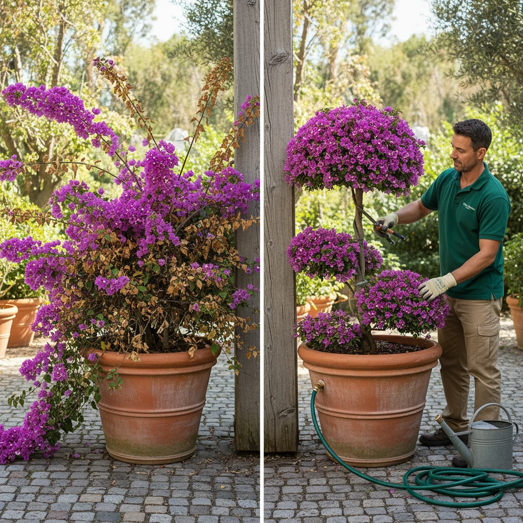 A comparison of an overgrown bougainvillea and a neatly shaped one in a terracotta pot.