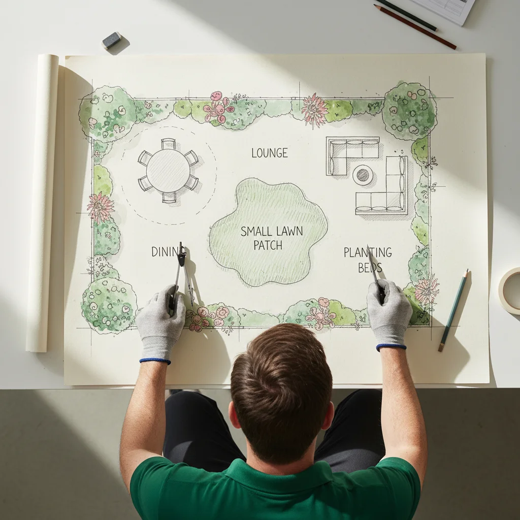 Hand-drawn landscape plan for a 400 sq ft San Diego backyard with distinct zones.
