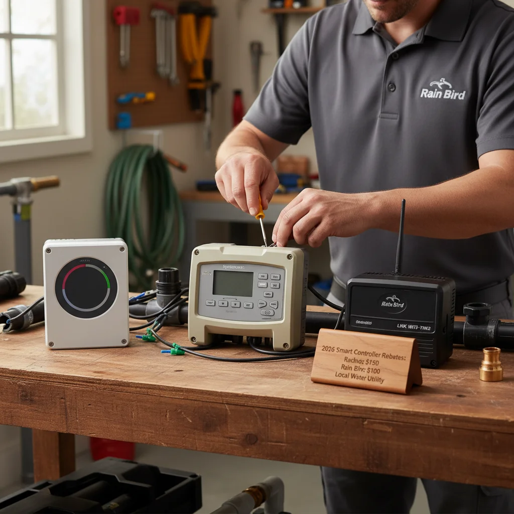 Three smart controller models on a workbench — Rachio, Hydrawise, Rain Bird — wi