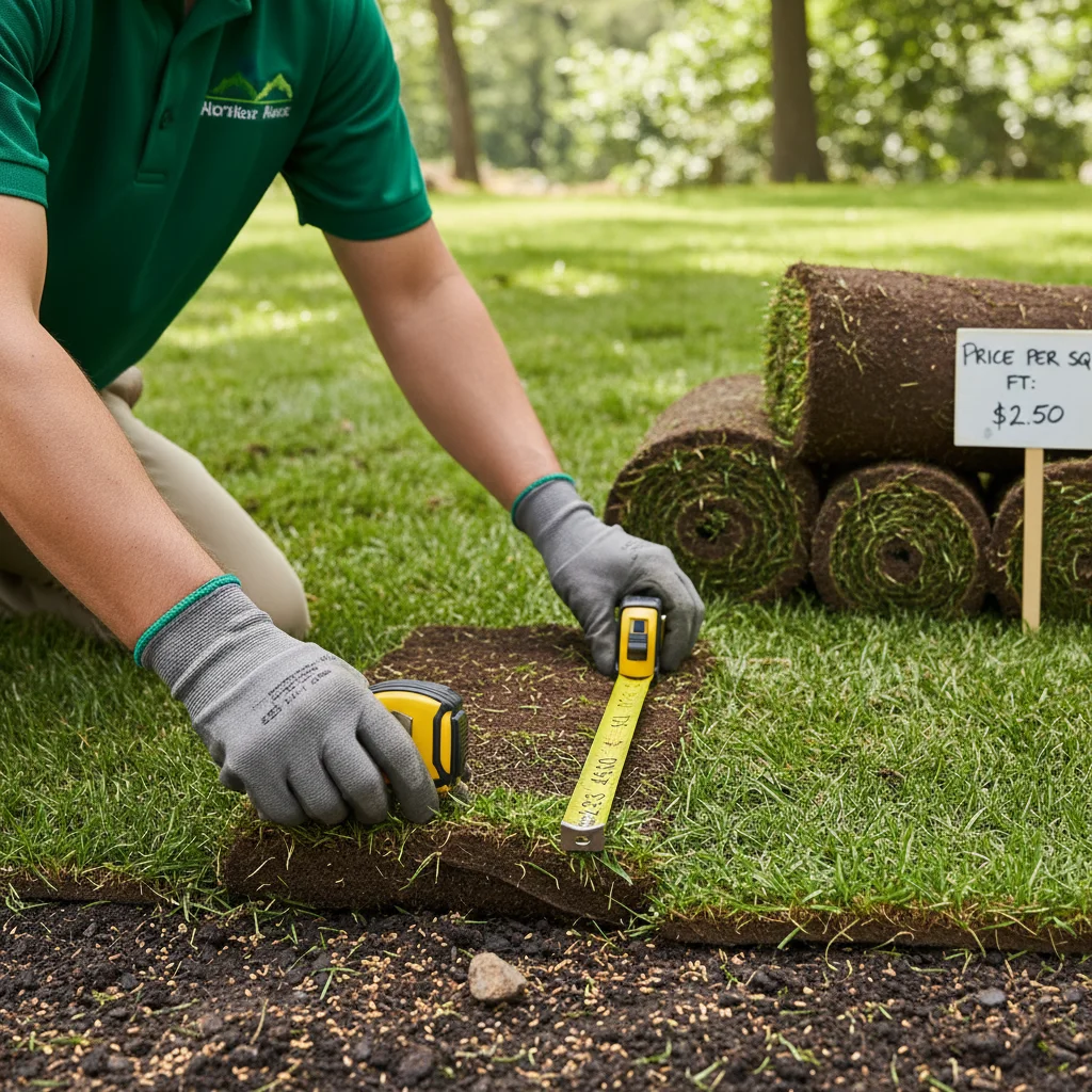 Three sod rolls labeled fescue, bermuda, and St. Augustine on a workbench with price tags showing per-square-foot ranges, editorial product-comparison style.