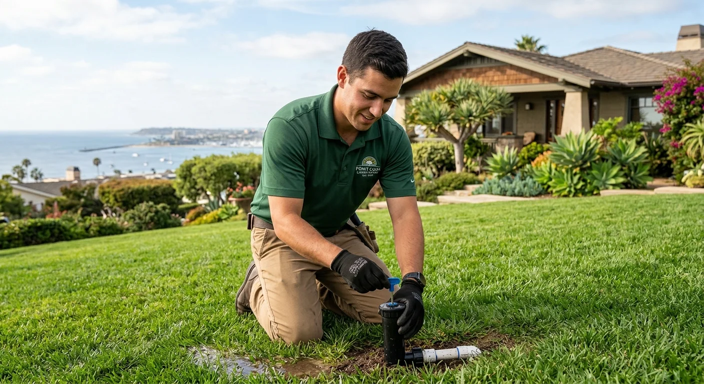 A friendly landscaping technician in a branded polo shirt is examining a sprinkler head in a green lawn with a house in Point Loma in the background.