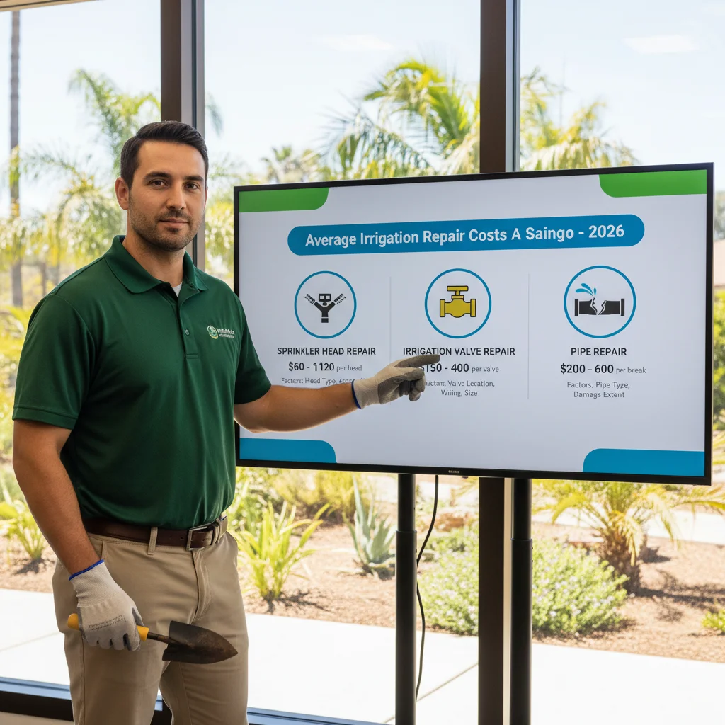 An infographic showing average irrigation repair costs for sprinkler heads, valves, and pipes in San Diego.