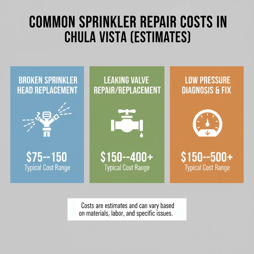 Infographic detailing common sprinkler repair costs in Chula Vista for broken heads, leaking valves, and low pressure diagnosis.