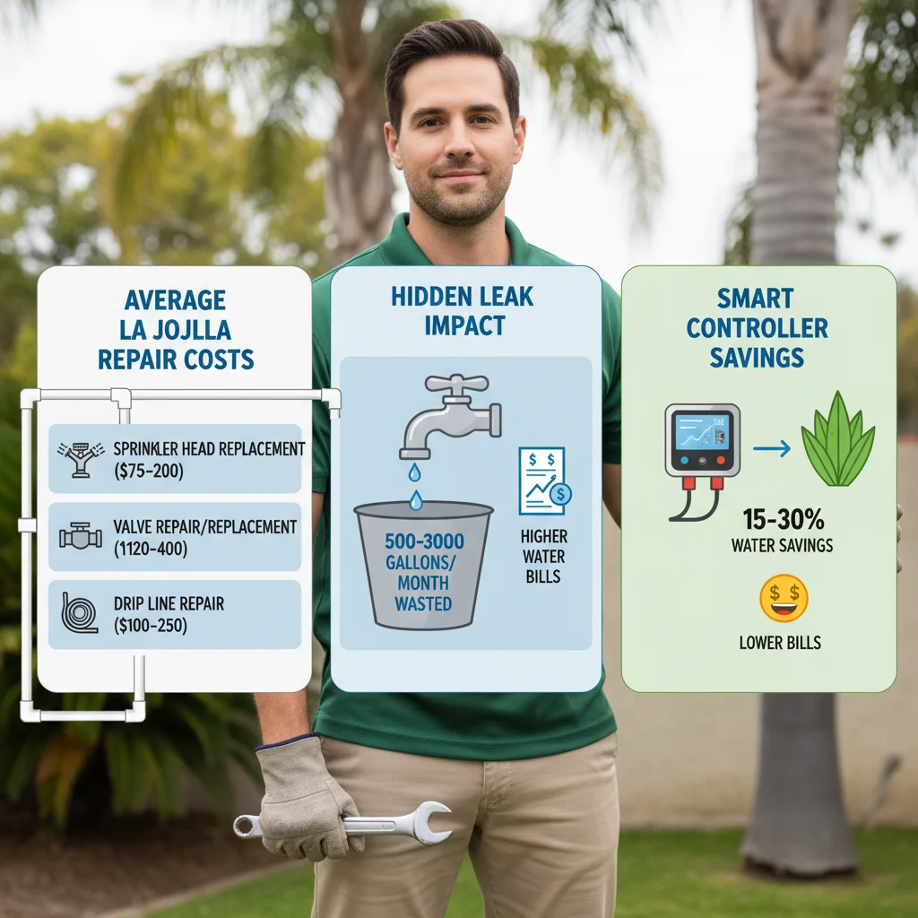 Infographic showing average costs for common sprinkler repairs in La Jolla (sprinkler heads, valves, drip lines) and illustrating water savings from fixing typical leaks in San Diego County.