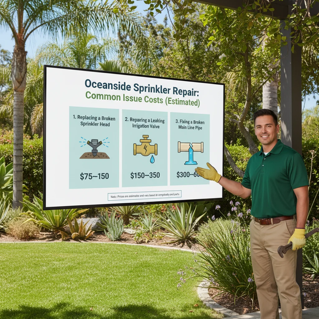 Infographic detailing typical sprinkler repair costs in Oceanside for common issues like broken heads, valve leaks, and pipe damage.