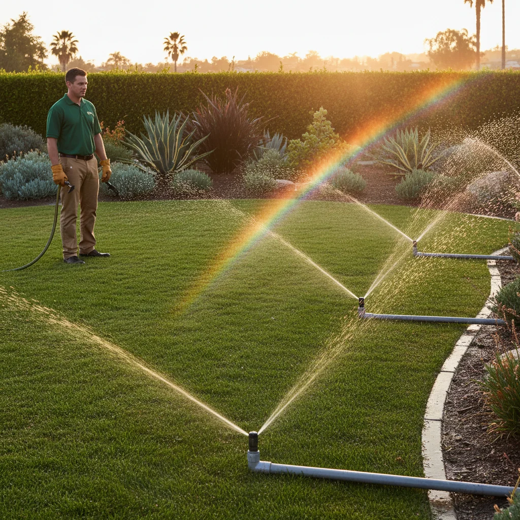 A San Diego lawn at golden hour with sprinklers running, rainbow in the spray, drought-tolerant beds in the background