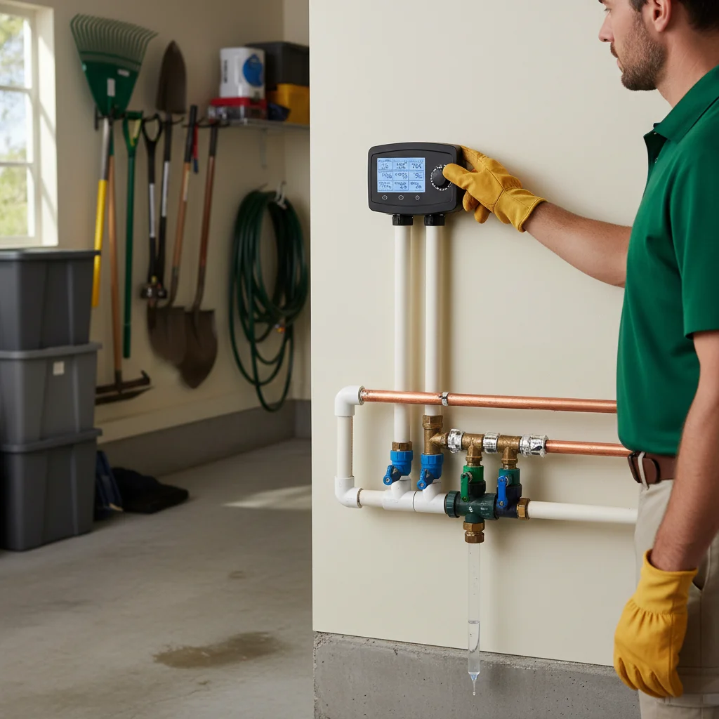 Smart irrigation controller mounted in a garage, screen showing zone schedules, hand adjusting dial