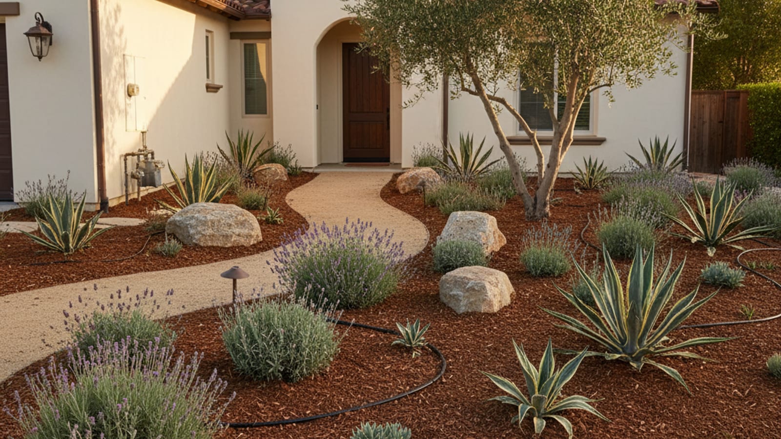 A completed drought-tolerant front yard with succulents, agaves, and decomposed granite pathway replacing a former lawn in San Diego