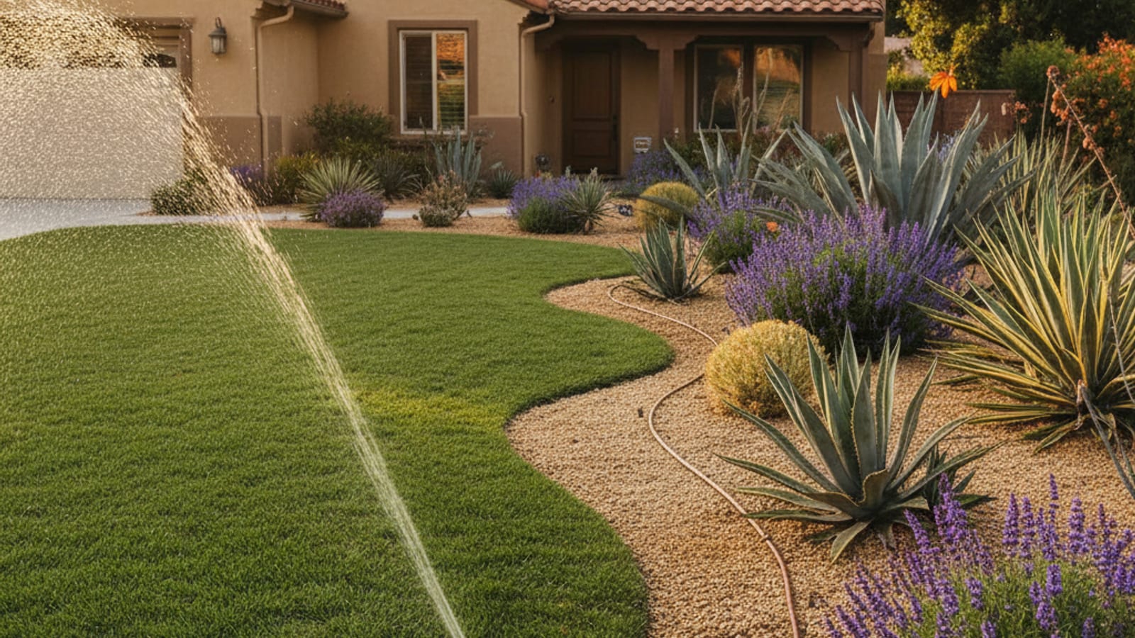 A chart-style overlay on a San Diego front yard split down the middle — one side green lawn, one side drought-tolerant native planting