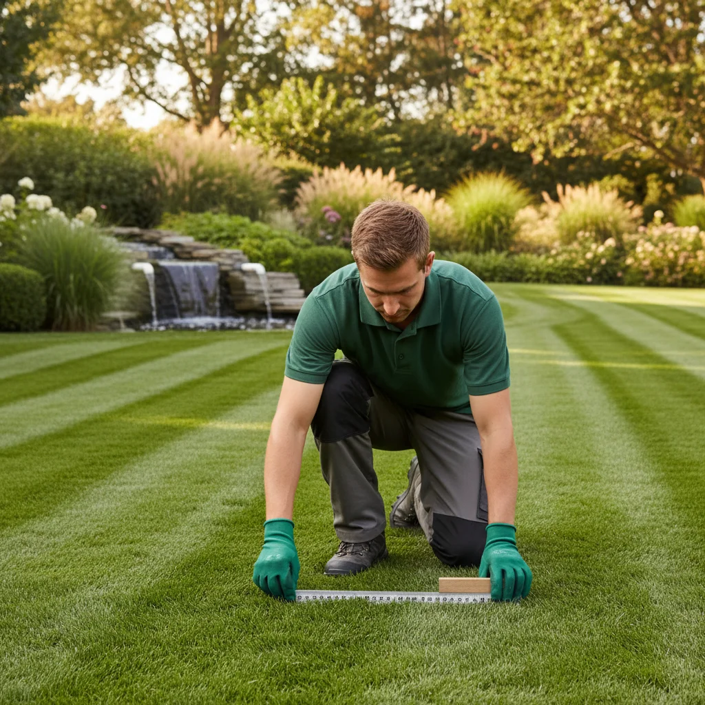 A professional landscaper measures grass height with a ruler on a striped fescue lawn.