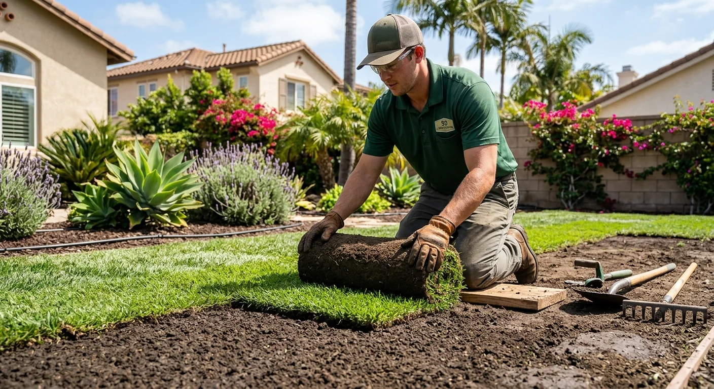 A landscaper carefully rolling out a fresh piece of green sod onto prepared soil in a sunny San Diego backyard.