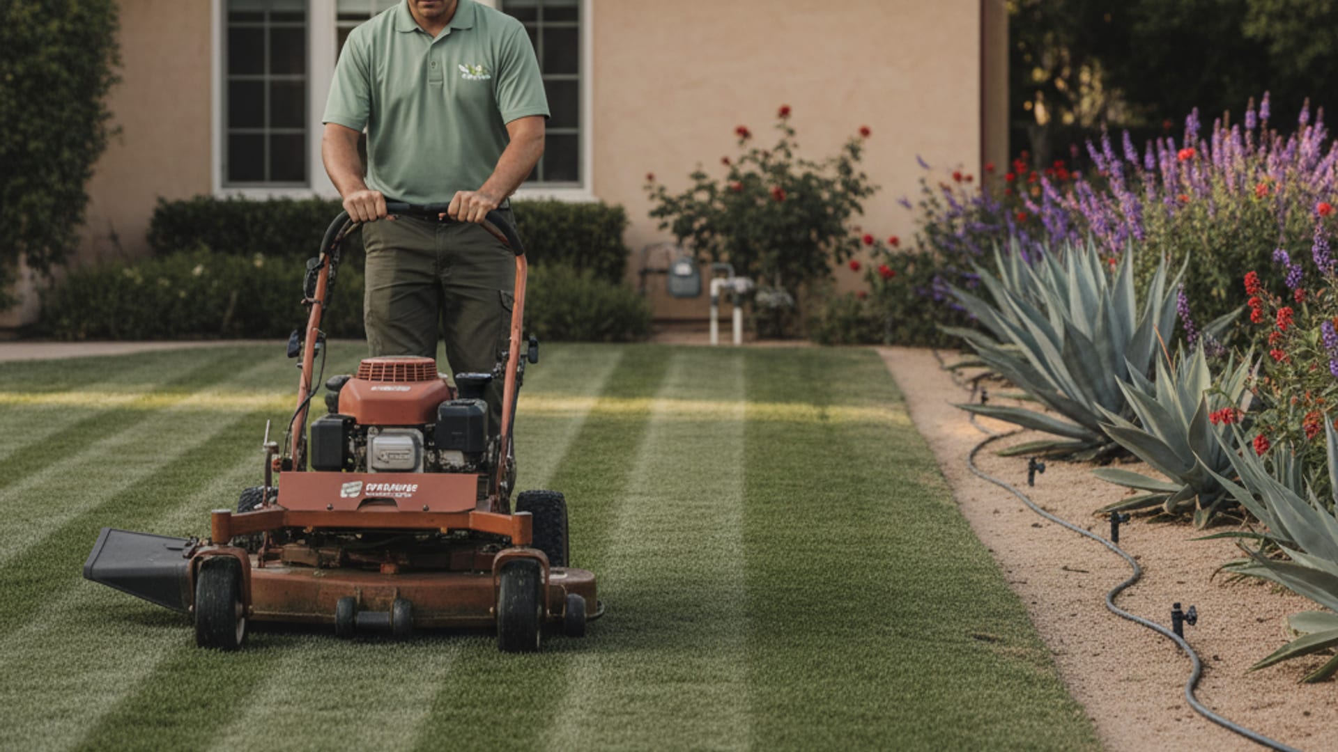 San Diego landscape crew mowing a green front lawn beside drought-tolerant plantings in warm afternoon light