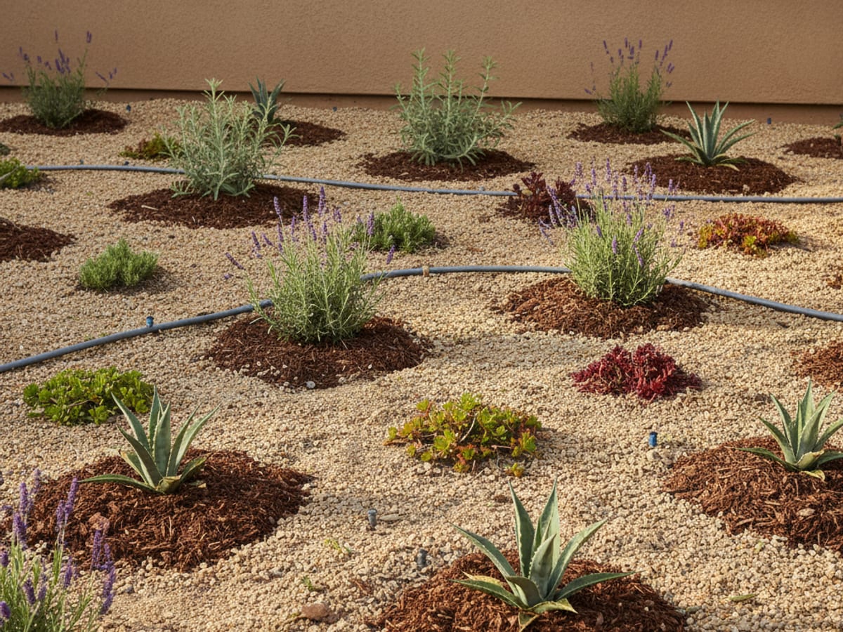 A newly planted drought-tolerant bed with young succulents, agaves, and decomposed granite topdressing