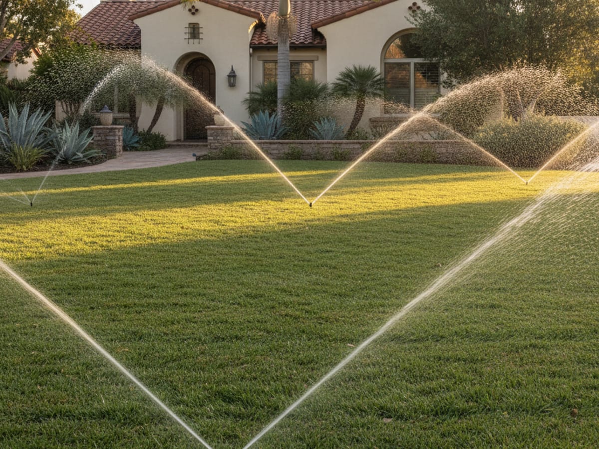 A San Diego front lawn being watered by pop-up sprinkler heads in early morning light