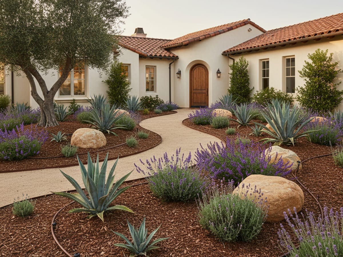 Drought-tolerant garden with succulents agaves and decomposed granite pathways in San Diego