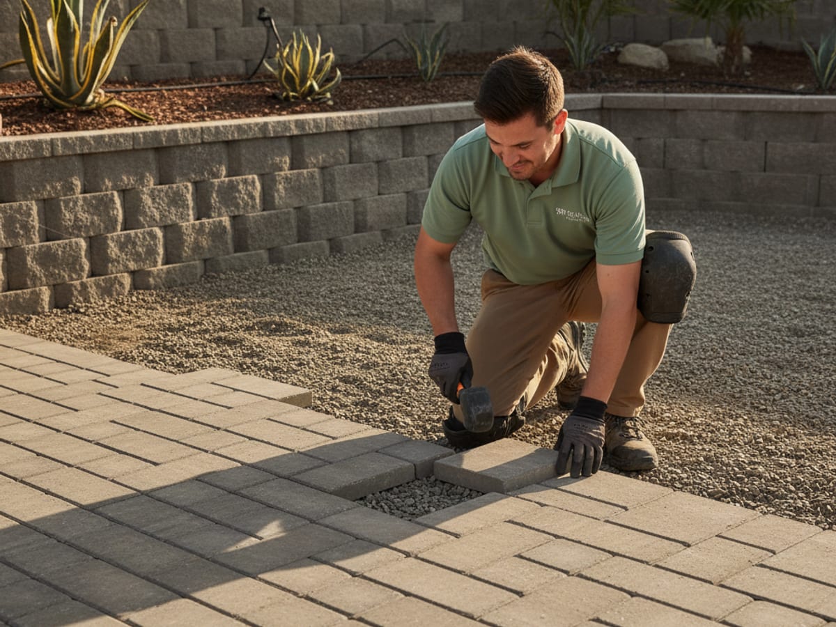 Landscaper laying paver stones on a prepared base for a backyard patio